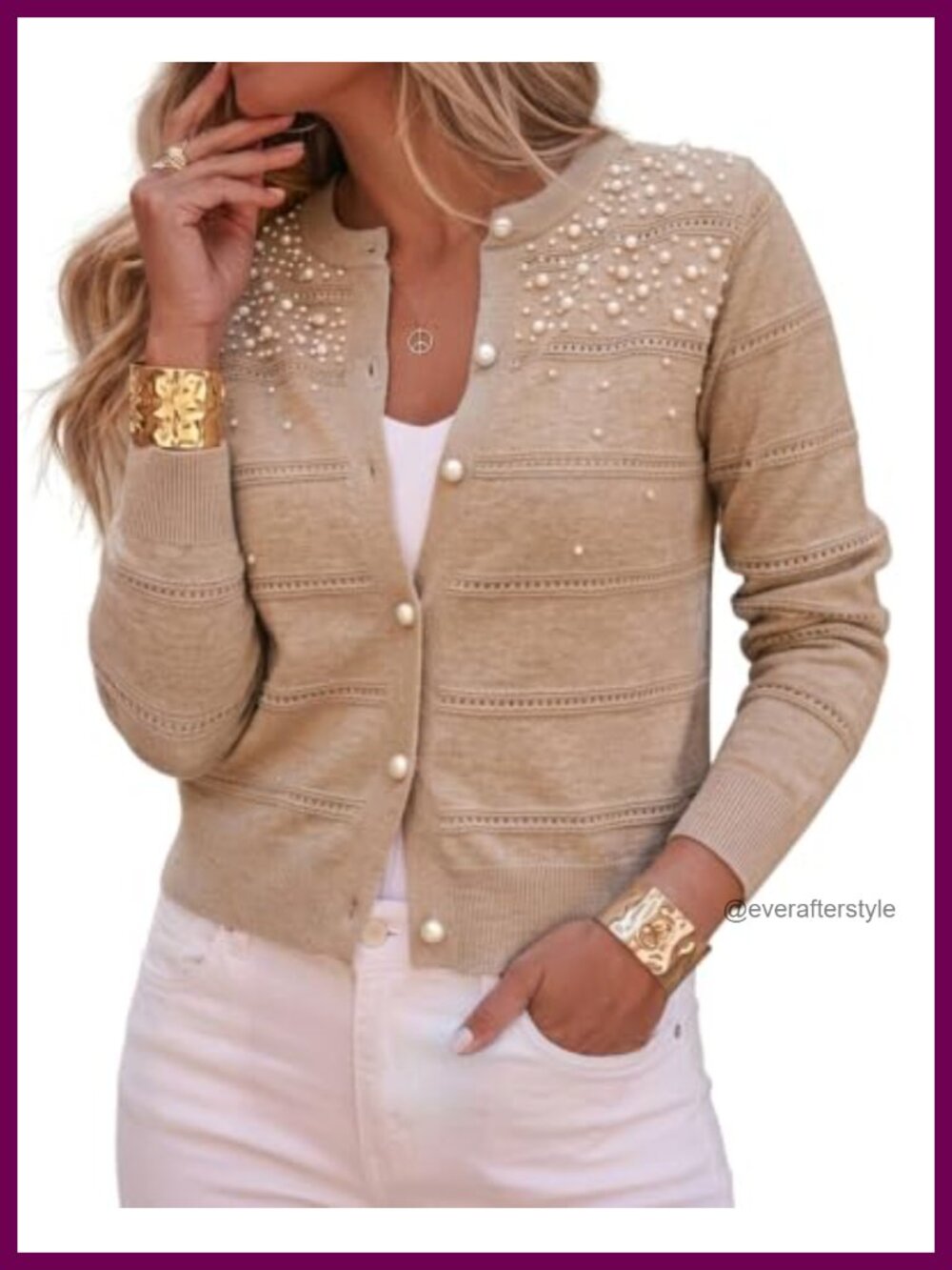 Pearl Beaded Knit Cardigan Long Sleeve Cropped Sweater Button Down